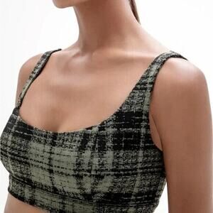 NWT ONA YOON CHUNG Plaid Sports Bra Black Green Scoop Neck Top Active Sp…